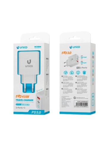 CARGADOR UNICO DUAL 45W USB A USB C BLANCO